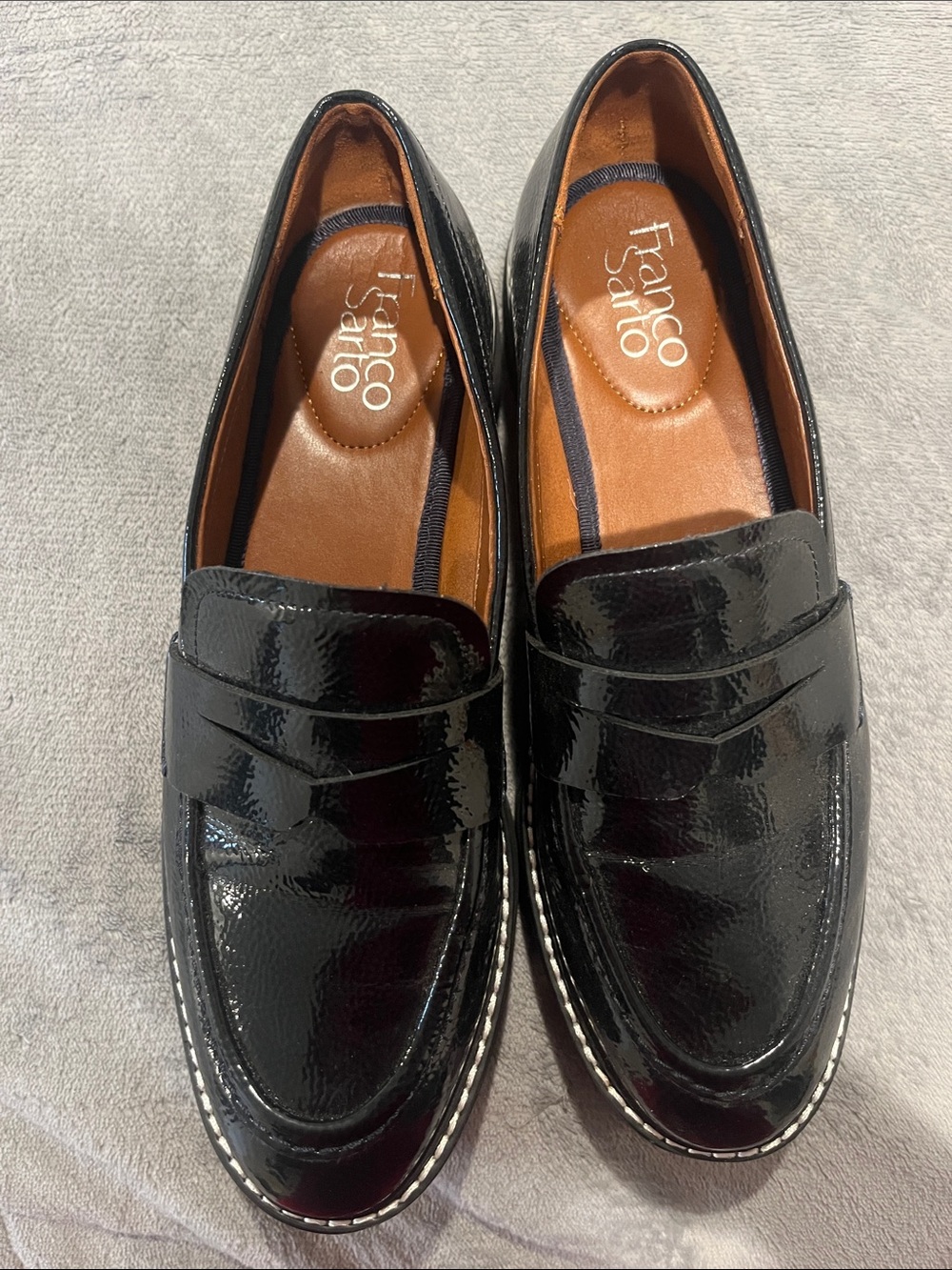 Franco Sarto Black Patent Leather Penny Loafers with Contrast Stitch